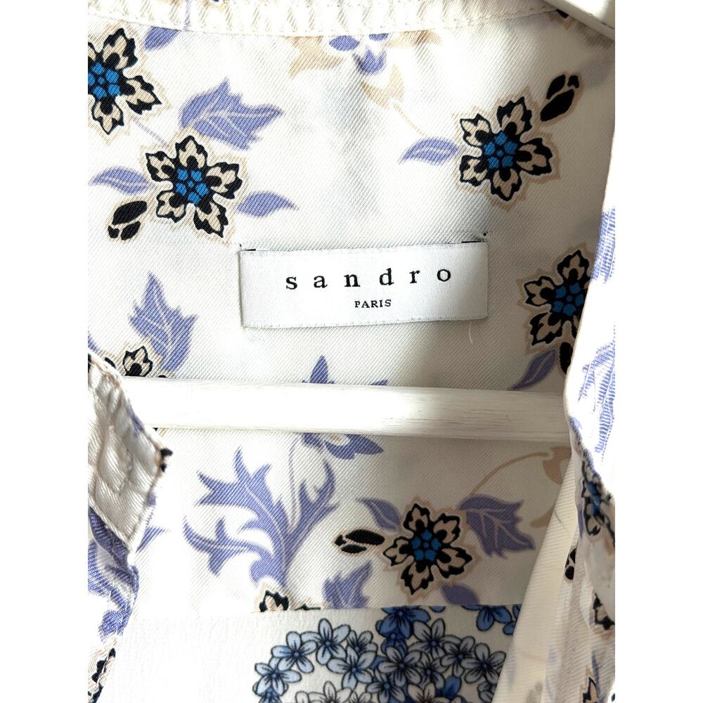 Sandro Paris Heart Print Long Sleeve Mini Shirt Dress White Blue Silk EU 38 M - Picture 6 of 11